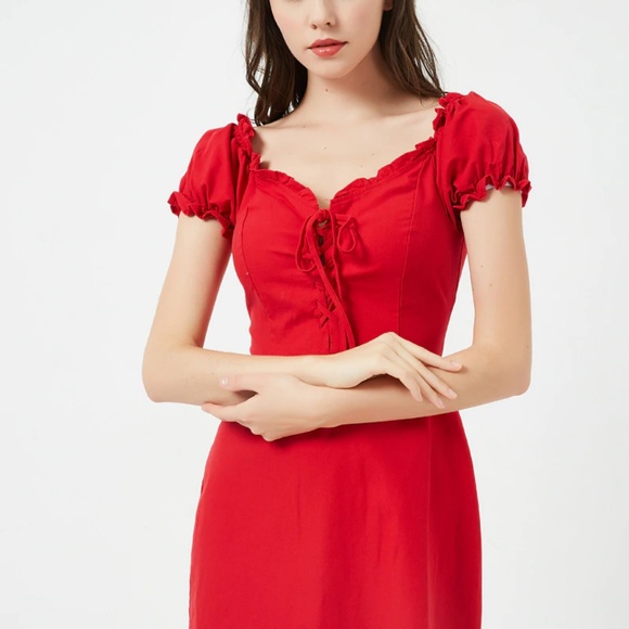 NEW Klara Lace Up Mini Cotton Linen Red Sun Dress - Picture 2 of 7